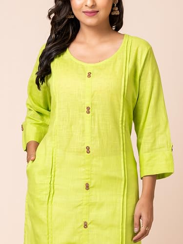 Image of Susmita Gift House Women's Slub Cotton Round Neck 3 /4 Sleeves Front Button Solid Kurti
