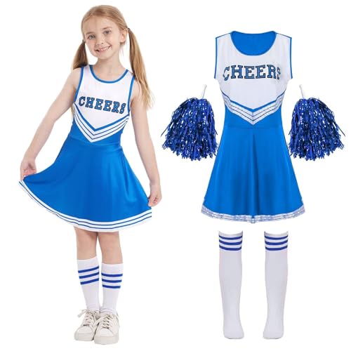 Cnexmin Deguisement Cheerleader Costume De Cheerleader pour Filles Uniforme De Pom-Pom Girl Cosplay Costume avec Pompoms Manches Costume Cheer Leader Halloween Carnaval Mascarade,Blue 140cm