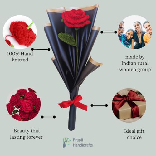 Image of Prapti Handicrafts Artificial Crochet Red Rose Single Flower Bouquet /Forever Flowers /Valentine Day Romantic Gift for Girls /Boys /Girlfriend /Boyfriend /husbund /Wife Home Decor Gift Ideas (1 red Rose)