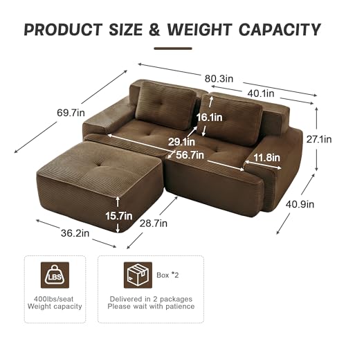 Image of 82 inch L Shaped Modular Boneless Couch with Movable Ottoman, 2 Seat, Soft Corduroy Fabric, Deep Seat Cloud sectional Sofa with Pearl Like Piping and Tufted Design, No Assembly, Anti Slip, Brown