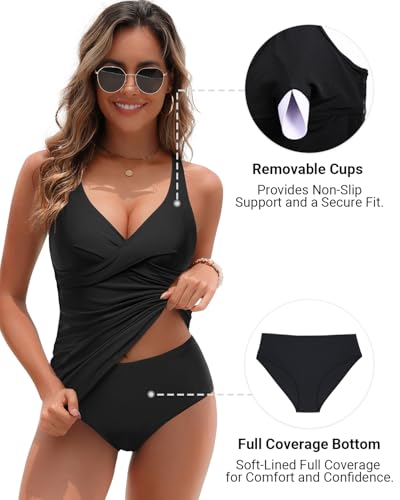 Image of Yonique Plus Size Tankini Swimsuits for Women Blouson Tankini Tops with Swim Shorts Two Piece Bathing Suits