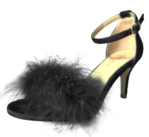 Image of MMJULY Women's Open Toe Ankle Strap Fluffy Feather Stiletto High Heel Dress Sandal