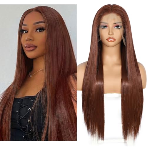 Sapphirewigs 13x6 Straight Lace Front Wigs Reddish Brown Long Straight Wig for Women Lace Front Synthetic Hair 150% Density Party Daily Wear Heat Resistant 26inch
