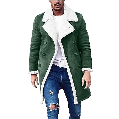 Mens Faux Leather Sherpa Lined Long Jacket Fur Collar Long Trench Coats Sheepskin Fleece Coat Double Breasted with Pockets