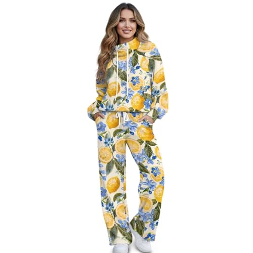 Pwnixequ Women's 2 Piece Tropical Lemon Flower Outfits Fall Sweatsuits