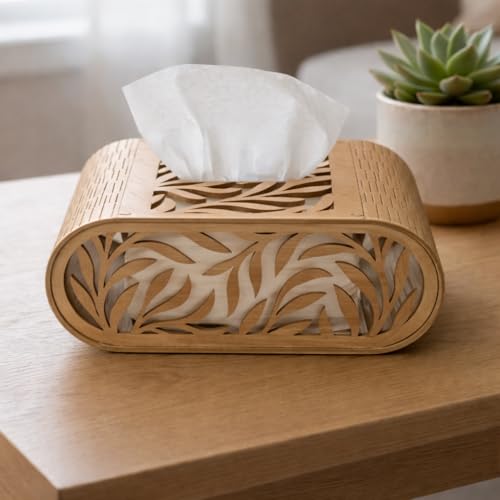 Image of Premium Natural Wooden Tissue Box Holder with Laser-Cut Design - Decorative & Functional Tissue Case for Home, Office & Bathroom (Standard Size Fit, Elegant Finish)
