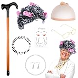 ⚽【Look de grand-mère réaliste】: Notre ensemble de perruques de grand-mère a un design réaliste, la perruque est douce et naturelle, le bonnet de perruque est respirant et élastique, le collier de perles et les boucles d'oreilles sont exquis et élégants, les lunettes sont confortables et ajustées, pleines d'autocollant plissé de sensation rétro sont réalistes et naturels, les béquilles sont légères et faciles à porter, vous transformant instantanément en une vieille grand-mère amicale.