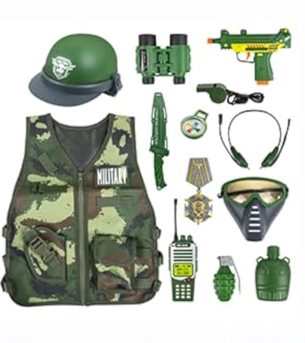 KalaDuck Juguetes del Ejército para Niños, Niños Chaleco Militar Disfraz con Casco y Accesorios de Juguete Militares, Soldados Halloween Uniforme Militar Juego de rol Juguetes Regalo para Niños Niñas