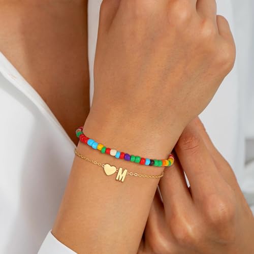 Colorful Initial Bracelets for Women Girls - 14K Gold Plated Heart Letter Bracelets Cute Bohemian Summer Jewelry Birthday Gifts for Teen Girls Back to School Gifts3