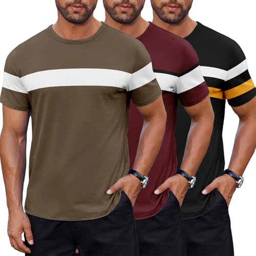 Lot de 3 T-Shirts Homme à Rayures Bretonnes Colorées - Coton Respirant Style Marin - Manches Courtes Col Rond pour Été 2025 (FR/ES, Alpha/Lettres, TG, Taille Normale, Taille Normale, 3pc-09)