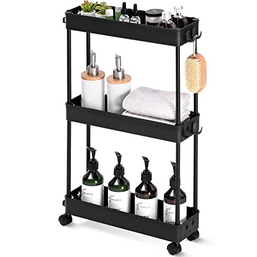 KINGRACK Slim Storage Trolley, Narrow Rolling Cart 3 Tier on Wheels, 13cm Wide Slide out Rolling Utility Cart with Hooks for Kitchen or Living Room, Laundry Room,Office Bathroom, Black