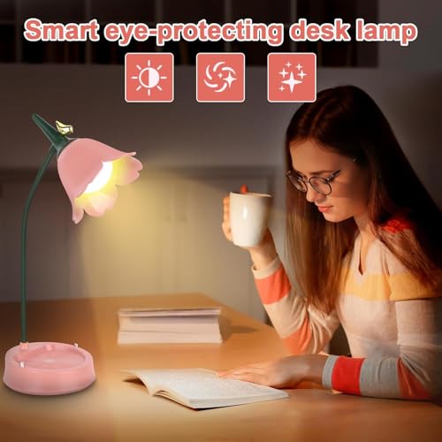 DAJASD Schreibtischlampe Kinder, Schreibtischlampe Mädchen, Dimmbare LED Tischlampe mit 3 Farbtemperaturen und Flexibles Arm, für Kinder Schlafzimmer Café (Rosa, 39x15x12.5cm)