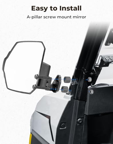 KEMIMOTO Large Side Mirrors A-pillar UTV Mirror Compatible with Polaris Ranger XP 1000/ Crew XP 1000 2018-2026, CFMOTO UFORCE U10, Extension Adjustable Side Mirrors Mounted on ROPS bar