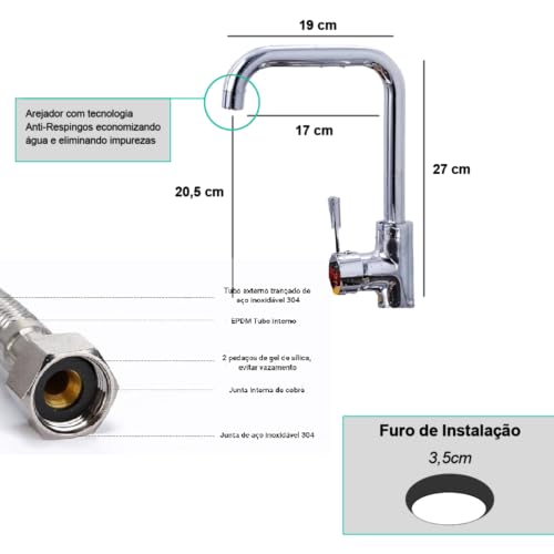 Torneira para Cozinha Monocomando Gourmet com Misturador Aço Inox 304, Via Flix