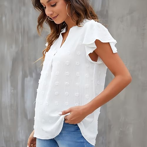 Satohom Camisa de gasa para mujer, manga corta con volantes, para verano, playa, vintage, cuello en V, blusa casual suelta para mujer, camiseta básica para mujer elegante, color blanco, negro, rosa