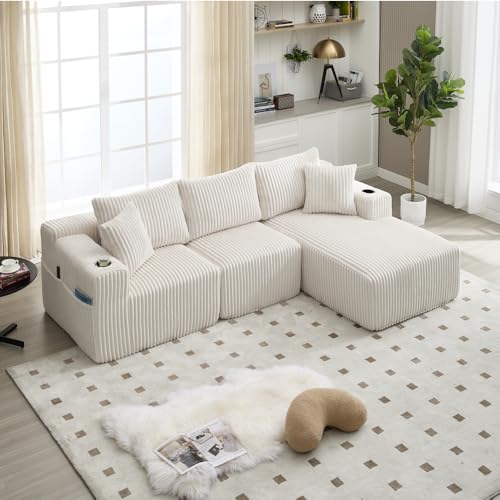 Wyibwy Divano componibile con chaise longue e 2 posti, rivestimento in velluto, divano angolare a L con 5 cuscini, tasche laterali e portabicchieri, divano 3 posti, schiuma ad alta densità, Beige