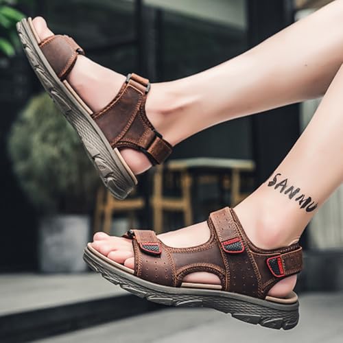 MILDSEVEN Classics Men's Real Leather Hiking Sandals, Fashion Open-Toe Sandals, Hollow Out Backpacking Beach Shoes,10,Brown4