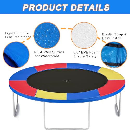 Femitu 12 ft Trampoline pad Replacement, Trampoline Spring Cover, Thickened EPE Foam Tear-Resistant Waterproof Trampoline Safety Pad, No Holes for Pole Trampoline Replacement Pad-Rainbow
