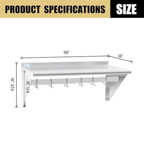 Image of Hally Stainless Steel Shelf with 6 Hooks 18 inch x 36 inch Wall Mounted Pot Rack 350lb, NSF Commercial Floating Shelving for Storage Hanging Pots, Pans, cookware in Restaurant, Kitchen, Home and Hotel