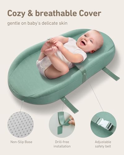 Contoured Changing Pad with Soft & Washable Cover, Waterproof Lining Foam Baby Changing Table Pads for Dresser Top, with 2 Soft Changing Pad Covers, 32”×16”, Sage Green
