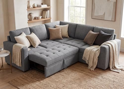 Image of HONBAY Modular Sectional Sofa with Pull Out Bed Convertible L Shaped Couch with Storage Seat Sleeper Sectional Couches for Living Room,Mid Grey
