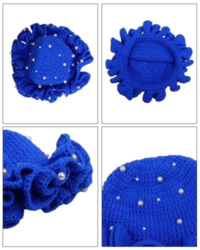 Image of Women Crochet Bucket Hat Cute Winter Ruffled Brim Floppy Cap Handmade Knit Cloche Hats