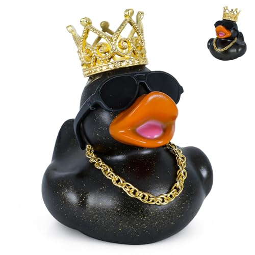 FINEED Crown Duck Car Dashboard Decor,Black Rubber Duck with Glitter, Golden Crown, Sunglasses & Necklace, DIY Christmas Ornament, Toy for Car,Home,Office