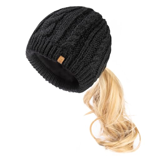Merino Wool Blend Messy Bun High Ponytail Hole Knit Beanie Hat for Big Large Head Women Warm Winter Cap Fleece Lined Cozy Skull Girls Black