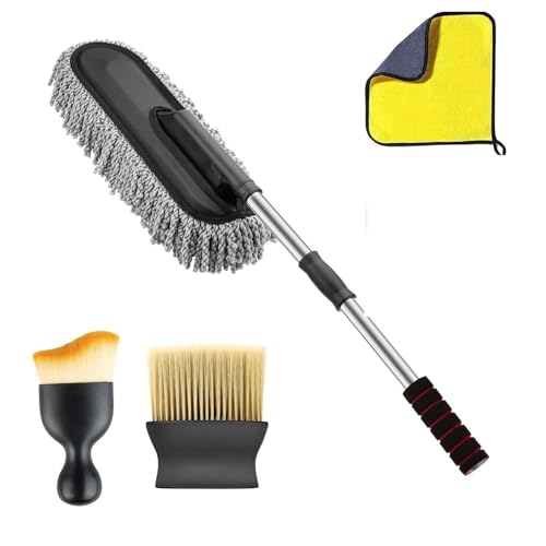 ORJILO 4 PCS Microfiber Car Duster Kit Interior & Exterior Car Cleaning Detailing Tool Scratch & Lint Free, Pollen Removing Extendable Long Handle Duster for Car & Motorcycle car (Car Duster Kit)