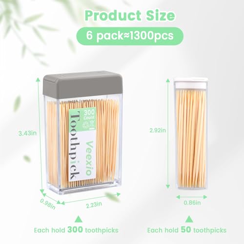 Veexio Sturdy Toothpick Holder with 1300 Natural Bamboo Toothpicks for Teeth Cleaning, Kitchen, Travel & Outdoor-Includes 4 Refillable Dispensers & 2 Pocket Containers