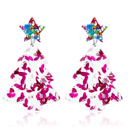 Christmas Earrings for Women, Glitter Acrylic Christmas Tree Star Stud Earings, Party Holiday Festive Outfits, Cute Fashion Xmas Gifts for Her-pink