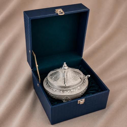 Image of Diviniti Silver Plated Peacock Sugar Pot with Lid | Decorative Storage Jar for Sugar, Mouth Fresheners & Small Items | Luxury Home Decor Piece for Kitchen, Dining Table & Gifting (White Finish)