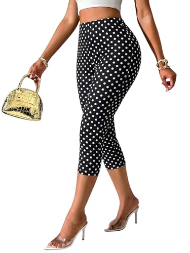 Floerns Womens Cheetah Leggings Yoga Tummy Control Workout Running Cropped Leggings Black Polka Dots Large