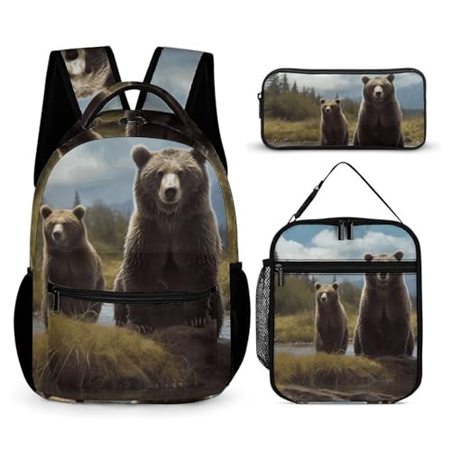 Encounter Animal Bear Backpack Set Lightweight Bag Lunch Box Pencil Bags for Women Men Bookbags 3 in 1