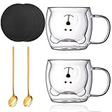 Arawat Doppelwandige Gläser Bär Tasse Süße Teegläser 2 Set Kaffeetasse mit Henkel Kaffeegläser 250ml Teetasse mit Löffel & Untersetzer Cute Cappuccino Gläser Espressotassen Geburtstag Geschenk