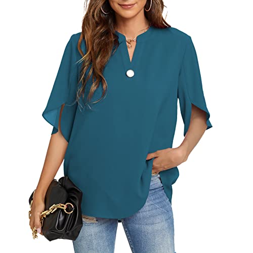 Funlingo Womens 2025 Short Sleeve Tops Spring Business Work Outfits Casual Summer Dress Shirts Loose Fit Dressy Long Blouse Dark Cyan XL