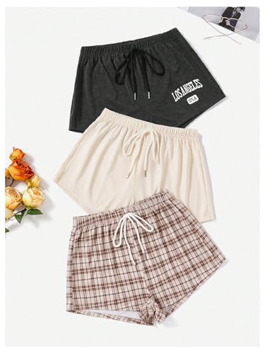 Image of WDIRARA Women's 3 Pack Plaid Letter Graphic Pajama Shorts Lounge Shorts | Elastic Waist ,Comfortable,Home Living,Sleepwear