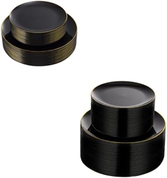 KIRE 60PCS Black Plastic Plates 100PCS Black and Gold Plates