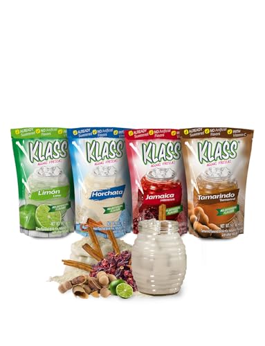Klass Aguas Frescas Drink Mix Mexican Variety Pack - Horchata Limeade Hibiscus & Tamarind - Powder Drink Mix, Water Drink Mix with Natural Flavors & Vitamin C, Makes 28 to 36 Quarts (56 to 72 Drinks)