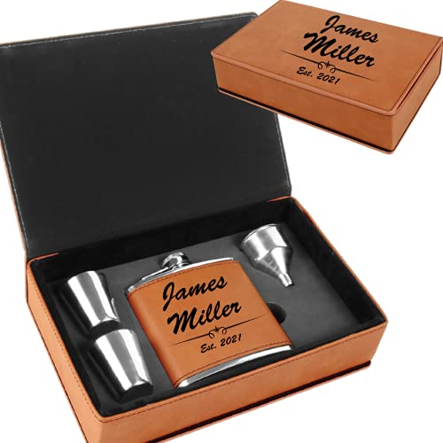 Personalized Leatherette Flask Set | Fully Customizable | Free Engraving (Rawhide w/Black Engraving)