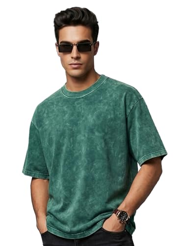 Image of Veirdo Heavy GSM Pure Cotton Acid Wash Print Round Neck Half Sleeve Oversized Fit Drop Shoulder T-Shirt for Men (Colors: Black, Navy, Green & Brown)