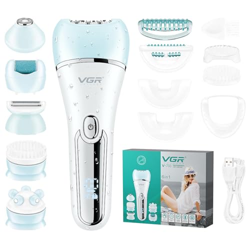 VGR 733 Depiladora Mujeres, 6 en 1 Inalámbrica y Recargable Maquina Depilar, Seco y Húmedo Recortador eléctrica, Afeitadora Facial y Corporal para Cara, Piernas, Axilas, Azul