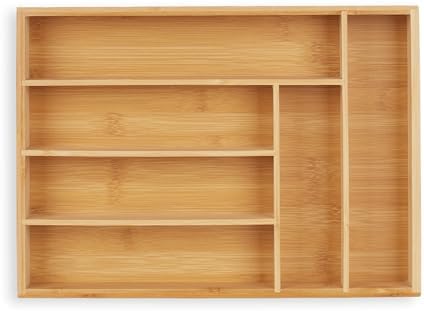 Plateau Rangement Couverts Relaxdays - Bambou - 6 Compartiments - 35.5x25.5x5cm - Naturel