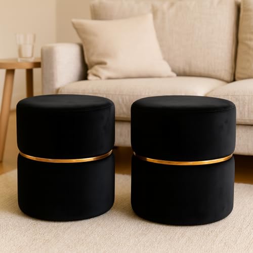 Image of Wooden Puffy Stool for Living Room Round Footstool - Ottoman Stool for Living Room Furniture Round Ottoman - Sitting Pouffe Ottoman Stool /Room Dcor /Office Stool - (Set of 2 Black)