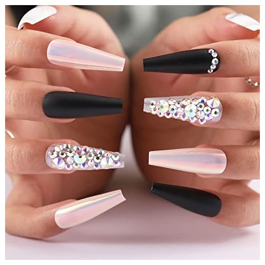 Aksod Glossy Ombre Extra Long Marble Press on Nails Black Crystal 3D Bling Square Coffin Fake Nails Full Coverage Acrylic Ballerina False Nails Tips Party for Women and Girls (Black crystal)