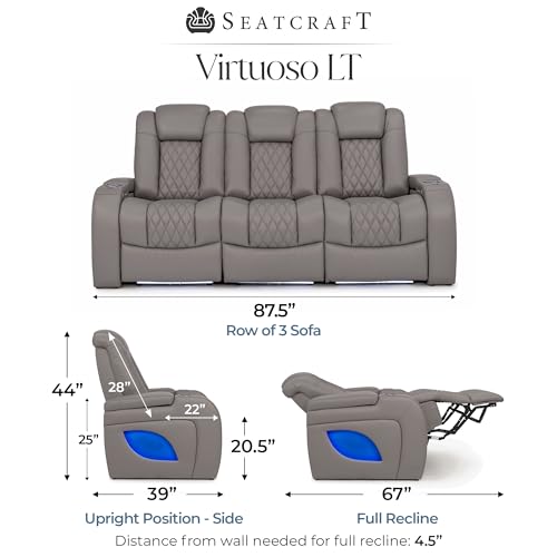 Image of Seatcraft Virtuoso LT Gray Italian Leather Home Theater Seating, Zero Gravity Power Recliner, Powered Headrest and Lumbar Gaming and Home Office Chair, Heat and Massage Lounge Sofa, Row of 3 Sofa