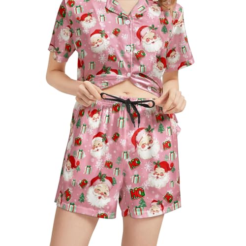 Image of Funny Satin Pajamas Set for Women Button Down Sleepwear Print Pjs Set 2 Piece Short Sleeve Loungewear Gift for Women