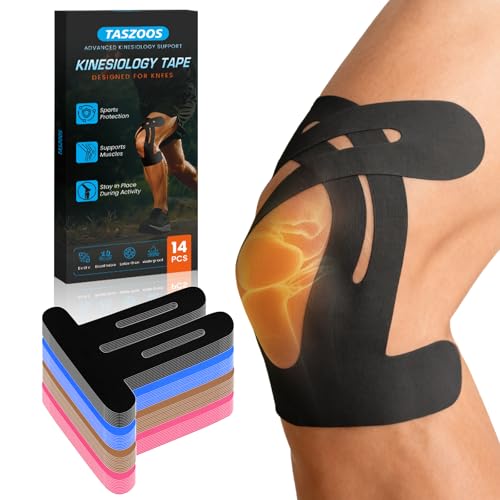 TASZOOS Pre-Shaped Kinesiology Tape for Knees - 14Pcs Waterproof Knee Tape for Knee Pain Relief, Knee Support - Elastic & Breathable Athletic Tape for Running, Hiking, Squats, Sports (Multi-Color)