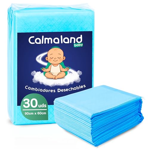 CALMALAND Cambiadores Empapadores Cama 60x90 cm para Bebés - 30 Unidades – Alta Absorción, Antifugas y Control de Olores – Desechables para Incontinencia, Cambio de Pañal o Postoperatorio.