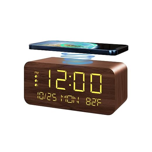 Digital Alarm Clock, with Wooden Electronic LED Time Display, 3 Alarm Settings, 10W Wireless charging, Day of the week, Temperature Detect, Wood Made Digital Clocks for Office, Bedroom, Bedside, Brown